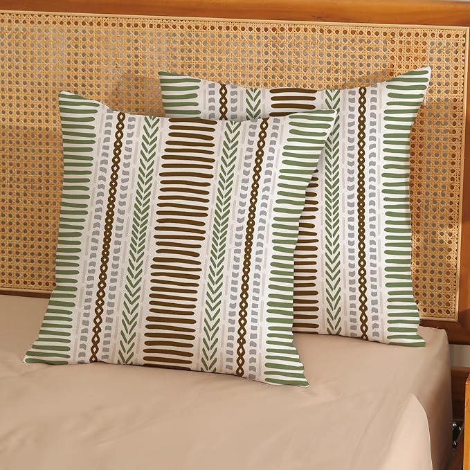 Boho Pillow Covers 18x18 Set of Brown Sage Green Stripes Throw Pillow Covers Outdoor Decoration,Abstract Modern Bohemian Farmhouse Linen Decorative Cushion Cover for Home Sofa Couch