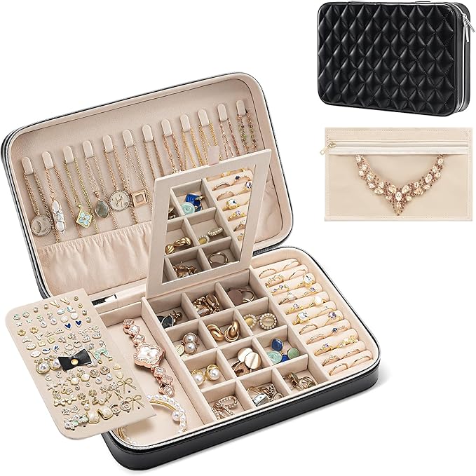 Lolalet Travel Jewelry Case for Women, Travel Jewelry Organizer Box with Mirror & Clear Storage Bag, Small Portable Traveling Earring Necklace Bracelet Ring Case, Bridesmaid Gifts -Large, Black