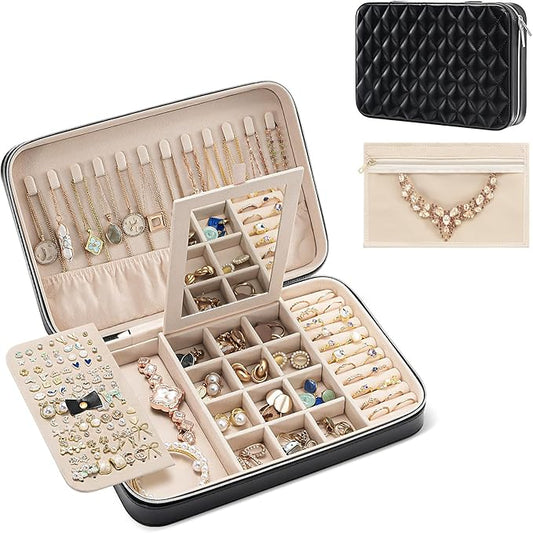 Lolalet Travel Jewelry Case for Women, Travel Jewelry Organizer Box with Mirror & Clear Storage Bag, Small Portable Traveling Earring Necklace Bracelet Ring Case, Bridesmaid Gifts -Large, Black