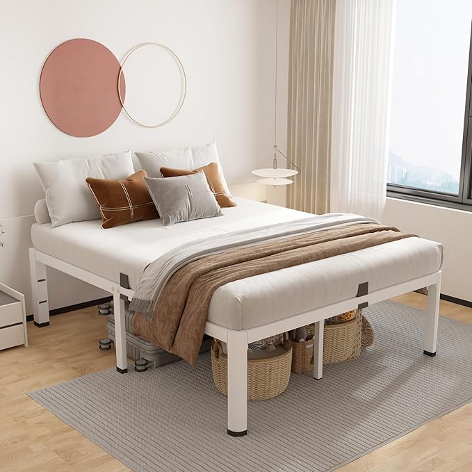 ROIL 18 Inch White Full Size Bed Frame with Rounded Corner and Headboard Hole Mattress Retainers 3500LBS Heavy Duty Steel Slats No Box Spring Needed Platform Noise-Free Easy Assembly