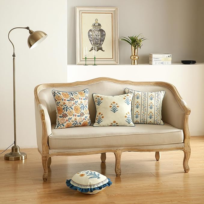 Design Square Simple Elegant Linen Throw Pillow Covers 18"x18" Pack of 2, Blue Yellow Floral Pattern Cushion Covers Decor Pillowcases for Bed,Living Room,Outdoor,Car