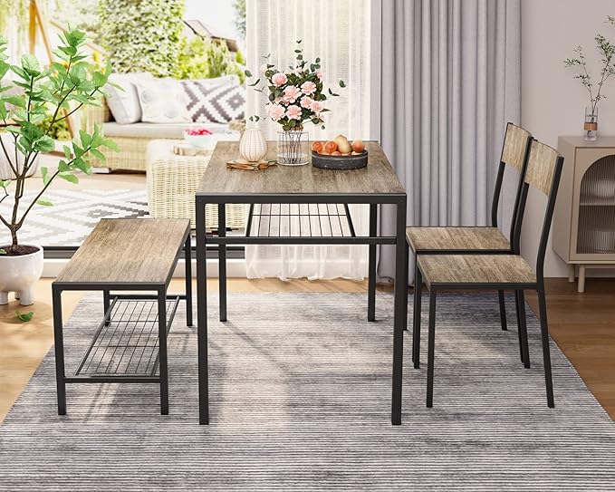 Gizoon Kitchen Table and 2 Chairs for 4 with Bench, 4 Piece Dining Table Set for Small Space, Apartment