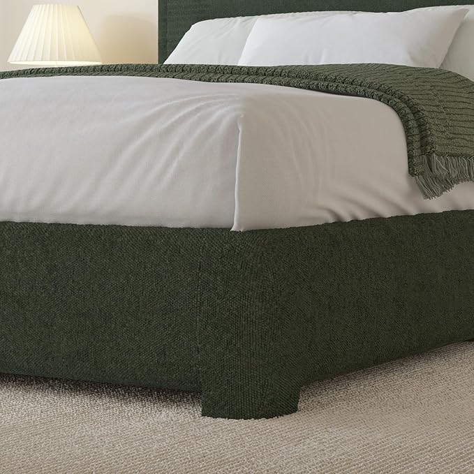 BarnFurin Queen Bed Frame with Headboard, Boucle Upholstered Platform Bed with Wood Slats, Soft Rounded Corners, No Box Spring Required, Easy Assembly, Green