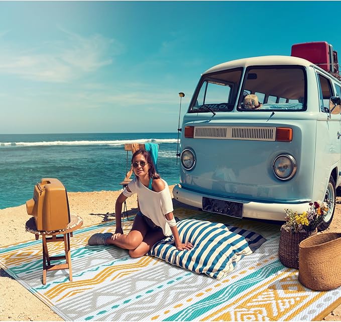 Lahome Outdoor Rugs 8x10 Waterproof, Reversible Outdoor Plastic Straw Rug for Camping Patio, RV Outdoor Rugs Outside, Outdoor Carpet for Porch Deck Backyard Picnic(Blue/Yellow,8'x 10')