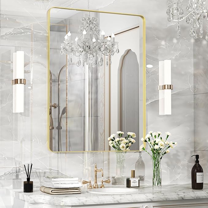 Fun Memories Wall Mirror for Bathroom, 48x32 Inch Gold Bathroom Mirror, Rectangular Wall Mounted Decorativ, Rounded Corner, Aluminum Alloy Frame, Farmhouse, Hangs Horizontal or Vertical