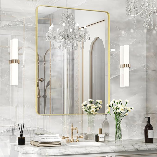 Fun Memories Wall Mirror for Bathroom, 48x32 Inch Gold Bathroom Mirror, Rectangular Wall Mounted Decorativ, Rounded Corner, Aluminum Alloy Frame, Farmhouse, Hangs Horizontal or Vertical