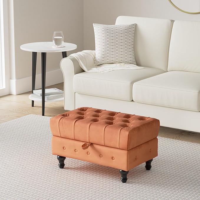 Artechworks Rectangular Storage Coffee Table Ottoman,Button Tufted Velet Upholstery Footstool Bedroom Ottoman for Living Room, Home Office, Space-Saving Storage Toy Box Stool, Caramel