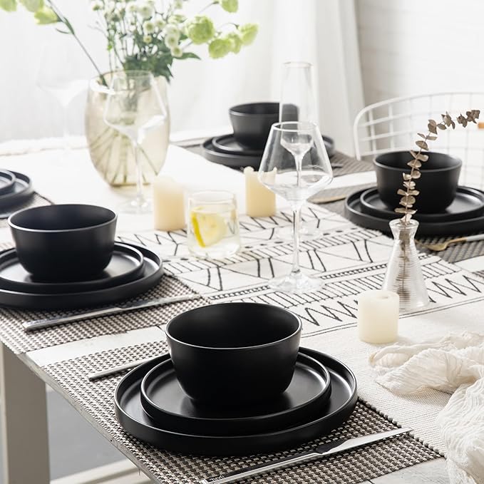 AmorArc Ceramic Dinnerware Sets for 4, Modern Flat Stoneware Plates and Bowls Sets,Chip and Crack Resistant Dishwasher & Microwave Safe Dishes Set,Scratch Resistant- Service for 4 -Matte Black (12pcs)