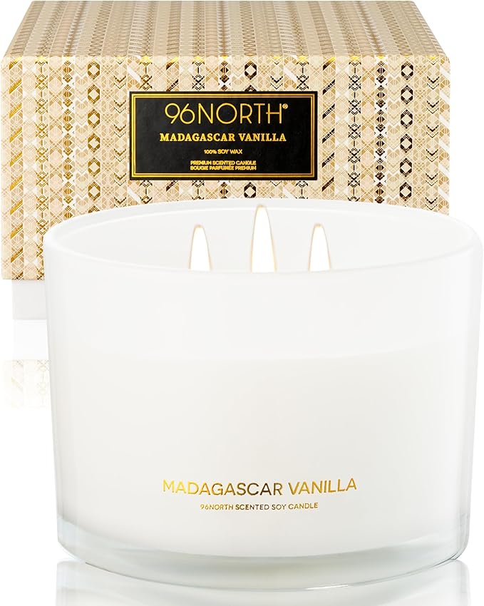 96NORTH Luxury Vanilla Soy Candles | Large 3 Wick Jar Candle | Up to 50 Hours Burning Time | 100% Natural Soy Wax | Relaxing Aromatherapy Aesthetic Candle | Housewarming Gift for Men and Women