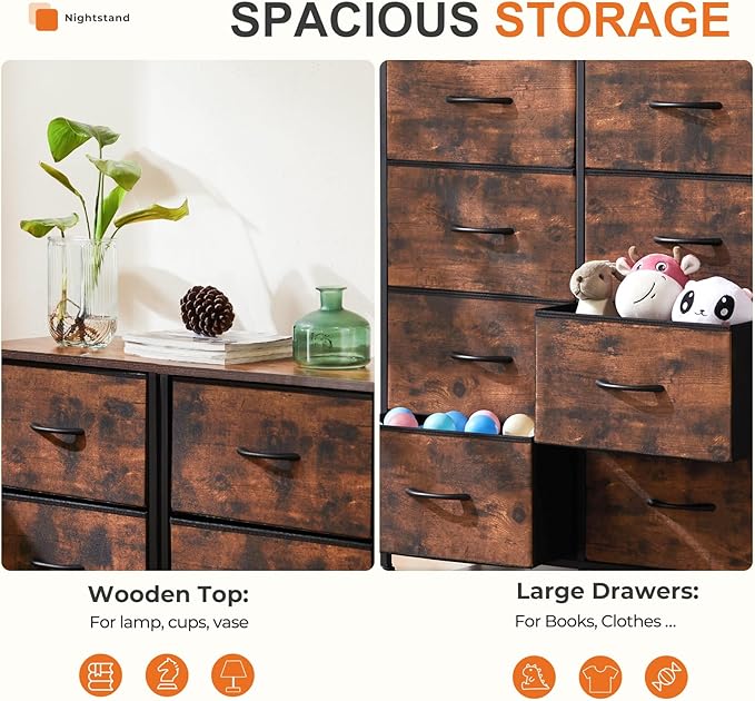 Sweetcrispy Dresser with 8 Drawers for Bedroom, Fabric Dresser Storage Tower, Chest of Drawers Organizer Unit, Storage Cabinet for Hallway, Closets, Steel Frame, Wood Top, Brown