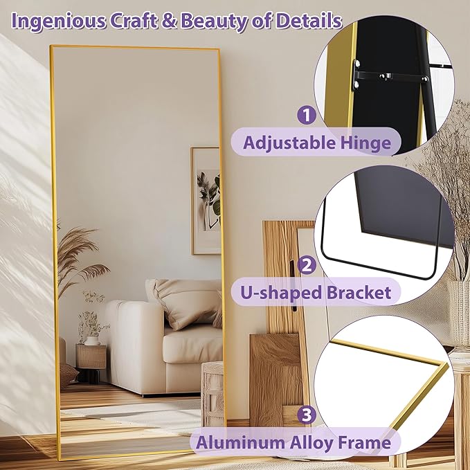 Full Length Mirror, 58"x21" Oversized Floor Mirror Freestanding, Full Body Mirror Floor Standing Mirrors with Stand, Hanging Mounted Mirrors for Bedroom Living Room, Gold, Rect Style