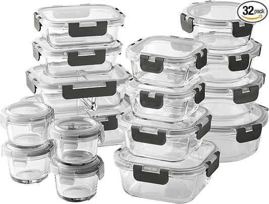 COOK WITH COLOR Premium 32-Pc. Borosilicate Glass Food Container Set with Dividers - 4 Rectangles, 8 Rounds, 4 Squares - Leakproof Lids - Meal Prep, Storage, Ombre Black