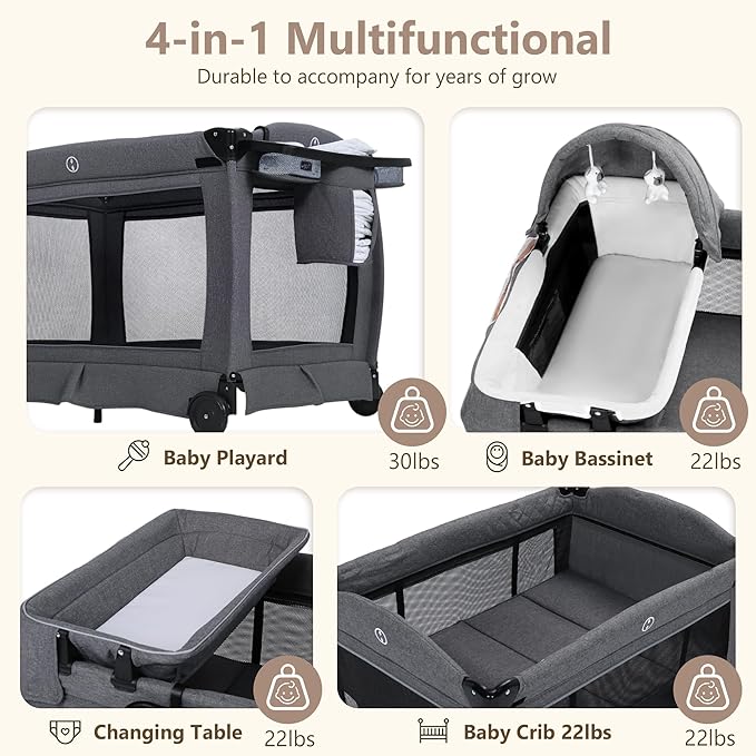 Kinder King 4 in 1 Foldable Pack n Play with Bassinet & Changing Table, Portable Nursery Center for Babies and Toddlers, Convertible Newborn Crib Baby Bed with Toys & Canopy, Storage Bag, Light Gray