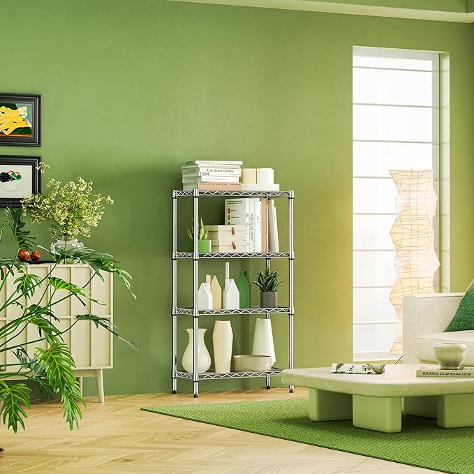 IZEUK 4 Tier Steel Storage Shelves, Heavy Duty Metal Shelf Wire Shelving Rack for Pantry, Kitchen, Living Room, or Office Organization (11.8" D x 25.6" W x 45.5" H, 1000LBS, Chrome)