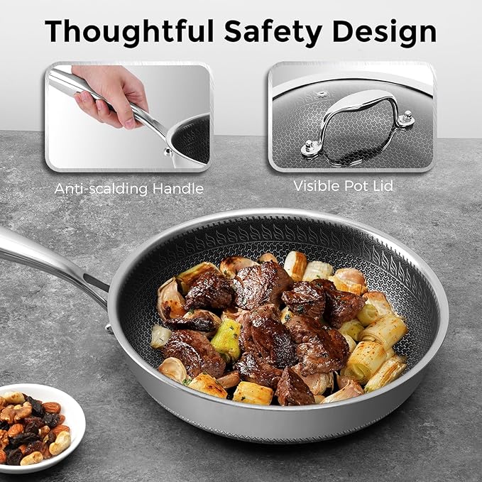 12 inches Frying Pan Nonstick Deep Sauté Pan and Lid, Non Stick Stainless Steel Pan Dishwasher and Oven-Safe, Compatible with All Cooktops