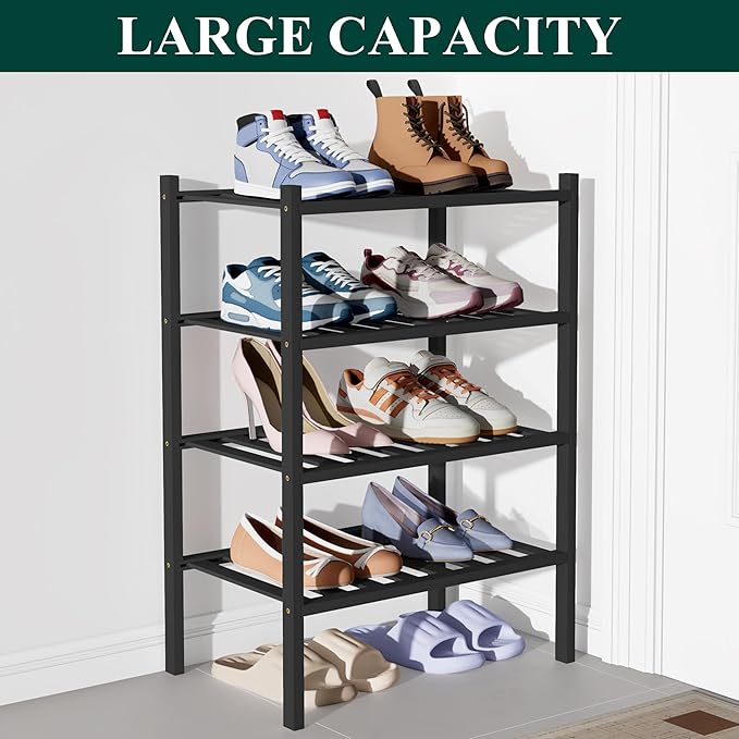Smiry Bamboo Shoe Rack for Closet, 4 Tier Small Wooden Stackable Shoe Organizer, Free Standing Shoes Storage Shelf for Entryway, Front Door Entrance, Black