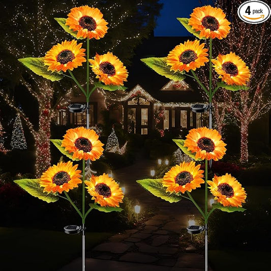 4-Pack Solar Powered Sunflower Garden Lights, LED Outdoor Decor Solar Light Flowers for Yard Patio Ground Lawn Landscape, Decorative Artificial Flower Bright Night Outside