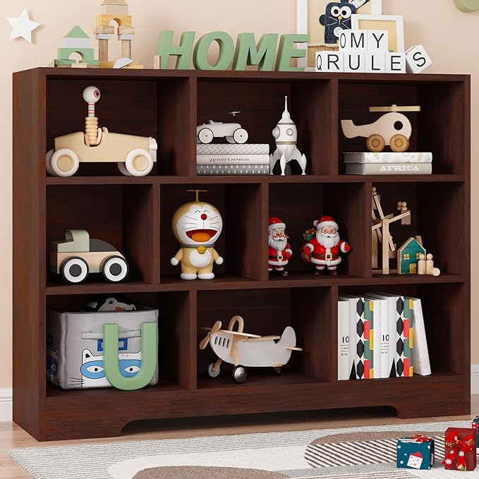 Kids Book Shelf Set of 2, 10 Cubes Storage Organizer Montessori Bookshelf, 3-Tier Wooden Kids Bookcase, Toy Storage Organizer for Children, Cherry Toddler Bookshelf Cube Shelf for Kid’s Room