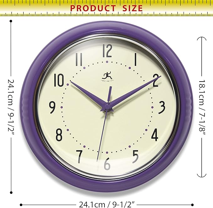 Infinity Instruments LTD. Retro 9 inch Silent Sweep Non-Ticking Mid Century Modern Kitchen Diner Wall Clock Quartz Movement Retro Wall Clock Decorative (Purple)…