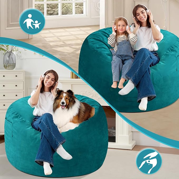 Homguava 3FT Bean Bag Chair: 3' Bean Bags with Memory Foam Filled, Large Beanbag Chairs Soft Sofa with Dutch Velet Cover-Sea Blue