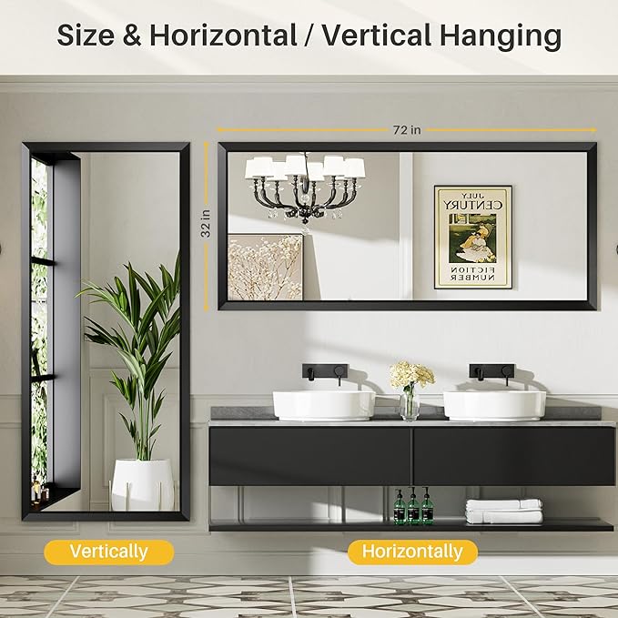72x32 Inch Black Bathroom Mirror for Wall, Thick Metal Framed Rectangle Mirrors for Over Sink, Bedroom, Living Room, Entryway, Anti-Rust, HD Tempered Glass