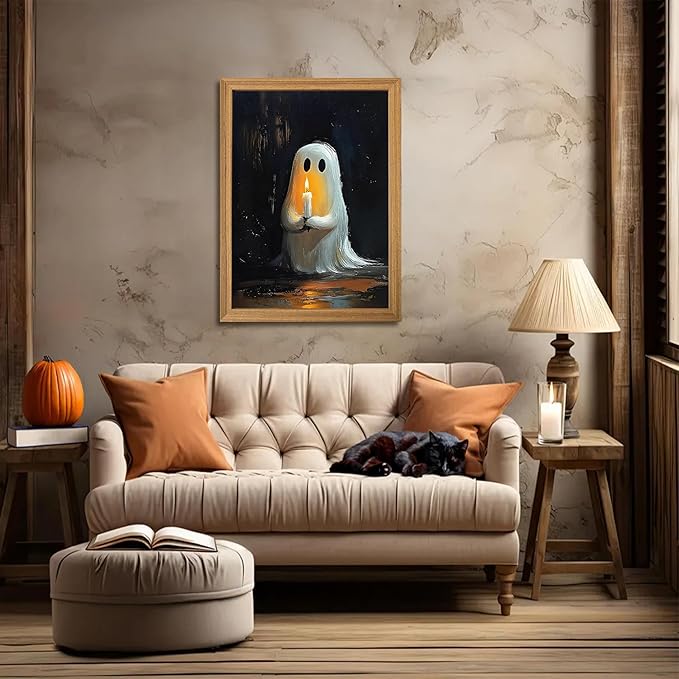 Framed Vintage Halloween Ghost Wall Art - Spooky Candle Ghost Fall Texture Pictures Wall Decor for Living Room, Kids Room, Halloween Bedroom or Party 16x24 inch