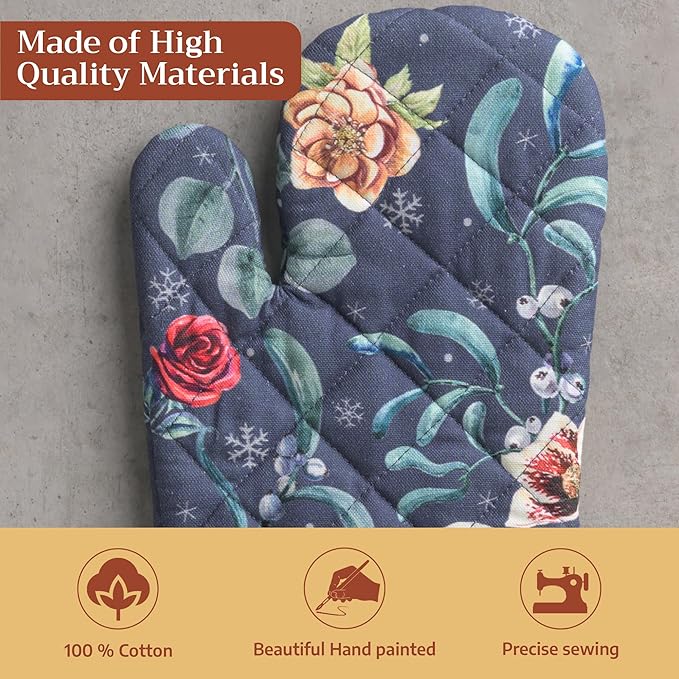 Maison d' Hermine Oven Gloves 100% Cotton Oven Mitt 7" x 13" with Loop Heat Resistant BBQ Cooking Gloves for Thanksgiving Christmas Decorations Baking Handling Hot Pans (Pack of 1, Christmas Joy)