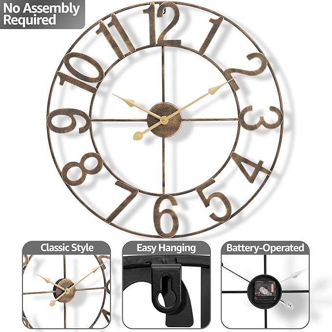 Sorbus 24-Inch Large Wall Clock – Decorative Brown Metal Clock with Gold Hands – Silent, Battery Operated, Modern Wall Decor for Living Room, Kitchen, or Office - Great Gift for Housewarming or Office