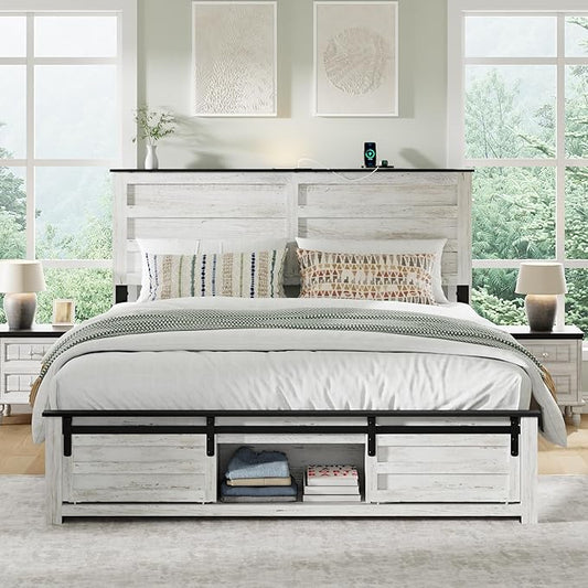 Queen Size Bed Frame with Wood Headboard, Wooden Platform Bedframe with Sliding Barn Door Footboard and Charging Station Easy Assembly, No Box Spring Needed (Boho White, Queen)