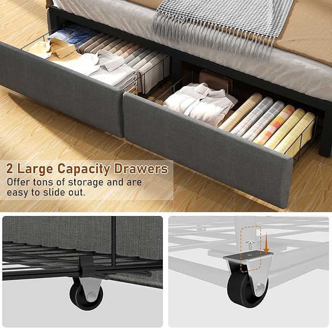 SADENICEL Full Size Bed Frame with Storage Headboard and 2 Drawer, Metal Full Bed Frame Platform with LED Light, Charging Station, No Box Spring Needed, Noise Free, Easy Assembly, Grey