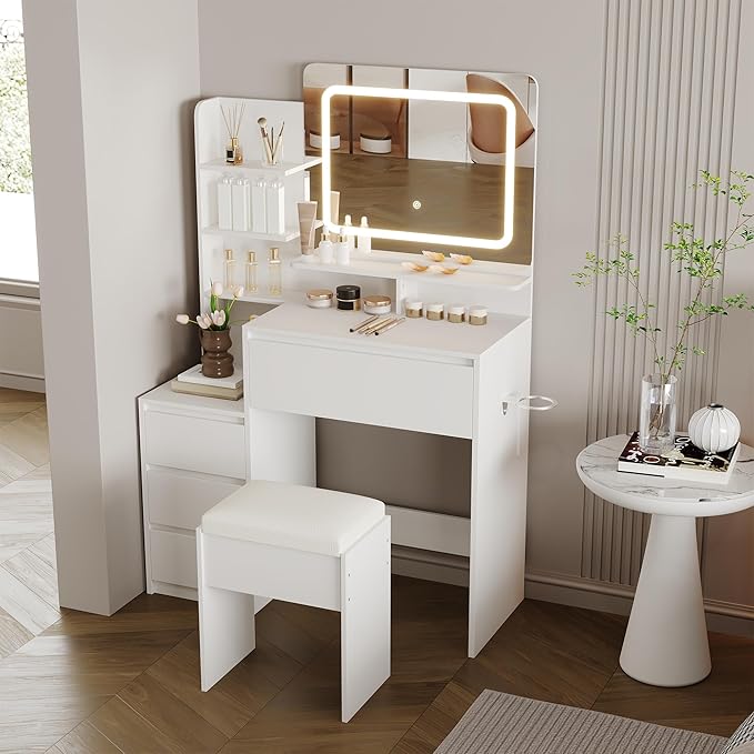GAOMON Makeup Vanity Desk with Mirror and Lights - 36" Vanity Table Set with 4 Drawers, Power Outlet, USB Ports, Stool, Dressing Table with 3 Lighting Color Adjustable for Bedroom, Women, White