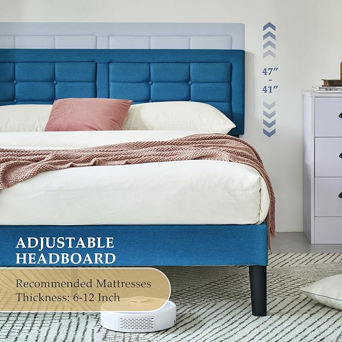 VECELO Full Size Bed Frame with Adjustable Headboard, Upholstered Button Tufted Platform Bedframe with Wood Slats Support, No Box Spring Needed, Aegean Blue
