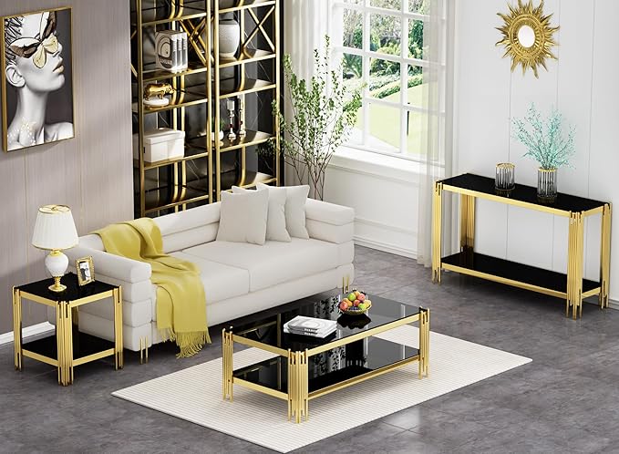 Goujxcy Modern Glass Console Table 55" Gold Entryway Table with Black Glass Top and Mirror Finish Stainless Steel Legs, Luxury Rectangular Sofa Tables for Living Room Hallway Corridor Table (Gold)