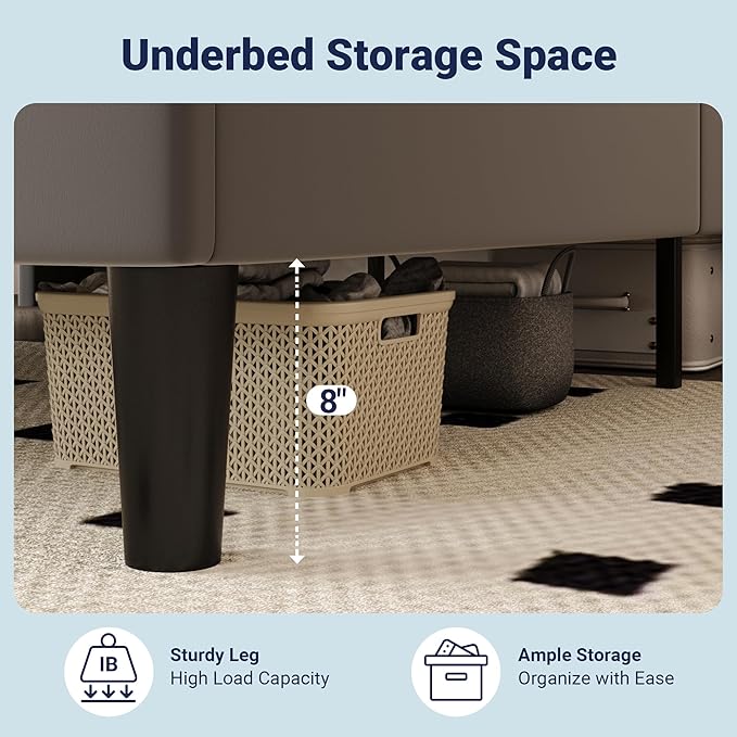 Allewie Full Size Bed Frame, Storage Headboard with Charging Station, Wingback Velvet Upholstered, Diamond Stitched Button Tufted, Sturdy Wooden Slats, No Box Spring Needed, Easy Assembly, Grey