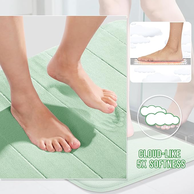 Yimobra Memory Foam Bath Mat, Super Soft Absorbent Bathroom Rug Non Slip 24x17 Inch, Quick Dry, Machine Washable Floor Carpet for Tub Shower, Home Decor Accessories, Pale Green