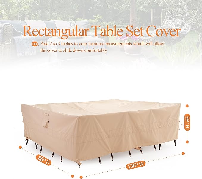 WJ-X3 Large Rectangular Beige Heavy-Duty Patio Table Cover, 136x88x36in - Wind-Resistant, Waterproof, Anti-Fade - Perfect for Outdoor Sectional Furniture Sets