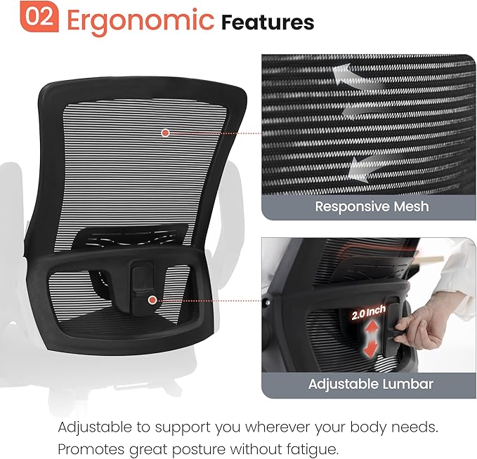 NEO CHAIR Office Desk Chair Computer High Back Mesh Gaming Seat with Ergonomic Adjustable Comfy Flip-up Armrests Lumbar Support Height for Home (Black)