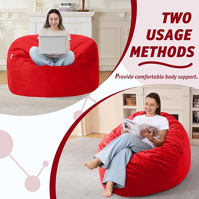 3FT Bean Bag Chair with Ultra Soft Velvet Cover Bean Bag Sofa with Memory Foam Bean Bag Chairs with Large Size Lazy Sofa for Dorm Office Living Room Bedroom Red 3'