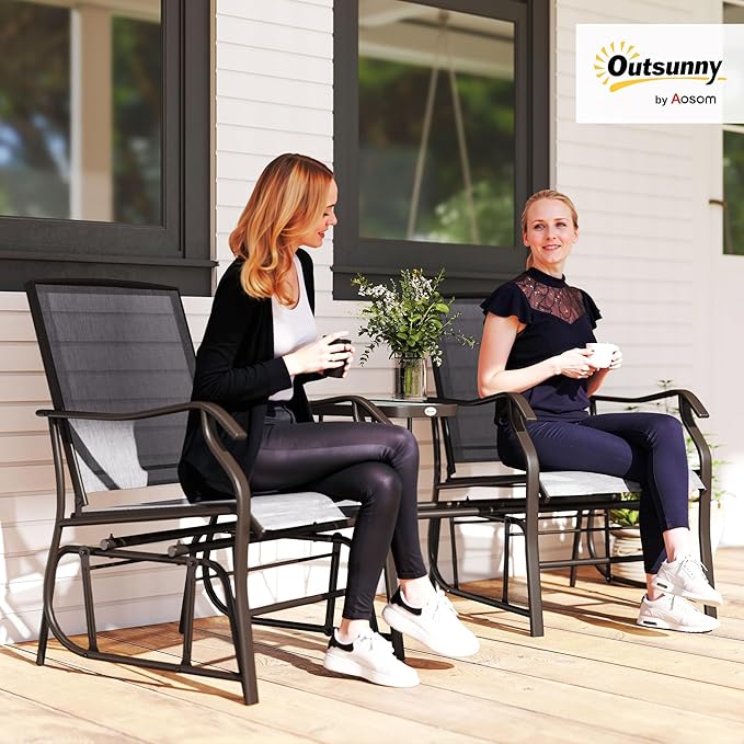 Outsunny Outdoor Glider Chairs with Coffee Table, Patio 2-Seat Rocking Chair Swing Loveseat with Breathable Sling for Backyard, Garden, and Porch, Gray