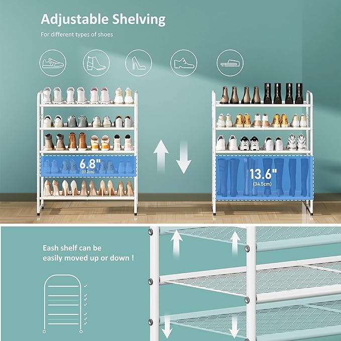 SUFAUY 33" Wide Shoe Rack, 5-Tier Shoe Storage Rack for 24-30 Pairs of Shoes, Mesh Shoe Organizer for Entryway Closet, Steel Frame, Industrial, White