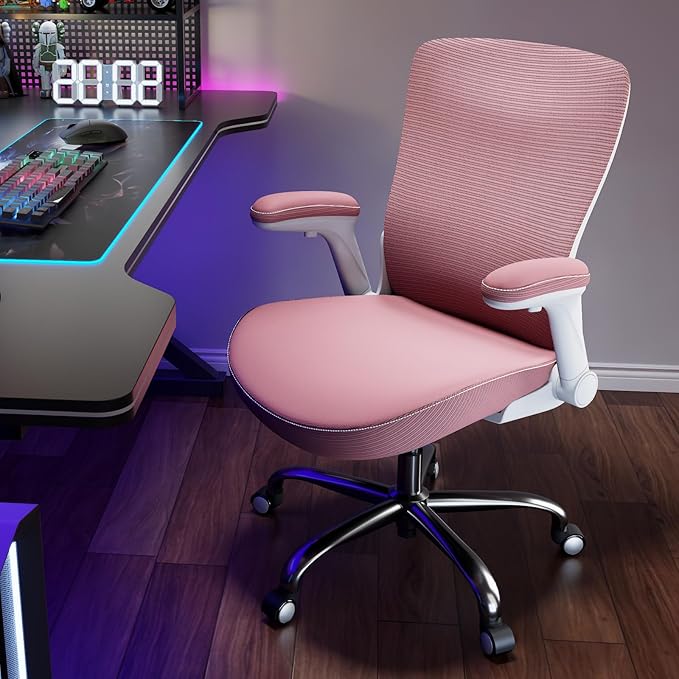 Ergonomic Office Chair-Computer PU Leather X-Shaped Desk Chair-Gaming Chair with Adjustable Flip-up Armrests Lumbar Support Mesh Executive Chair for Long Hours Office (Pink)