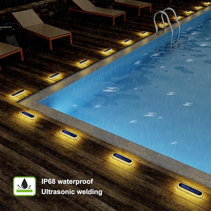 Solar Deck Lights, 6 Pack Waterproof LED Path Lights, Outdoor Solar Step Lights, Solar Powered Light Bar for Stairs, Driveway, Walkway, Pathway, Dock, Porch, Warm White