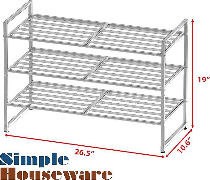 SIMPLE HOUSEWARE 3-Tier Stackable Metal Panel Shoes Rack, Silver