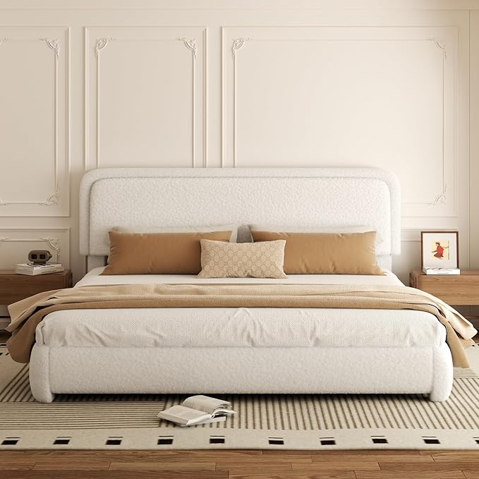 King Bed Frame, Teddy Velvet Boucle Bed Frame with 43.3"/45.3" Adjustable Upholstered Headboard, Rounded Corners, Mattress Foundation, No Box Spring Required, White