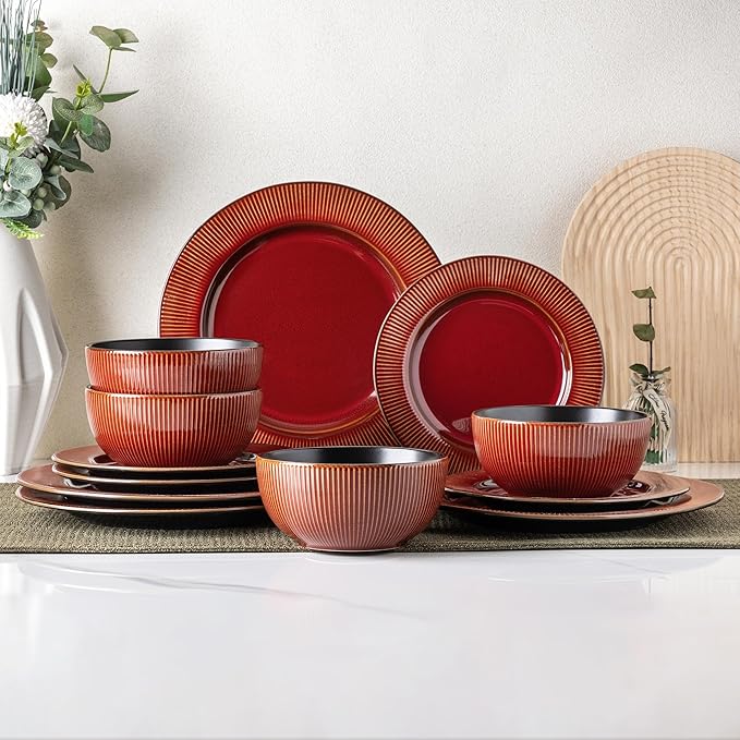 GBHOME Ceramic Dinnerware Sets,12 pcs Embossed Elegant Stoneware Plates and Bowls Sets, Housewarming Wedding Gift | Dishwasher & Microwave Safe | Dishes Set Service for 4