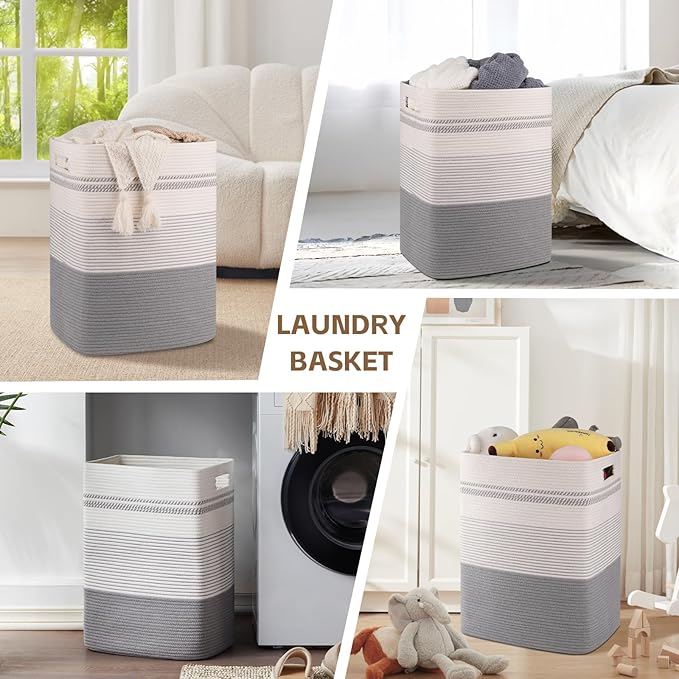 Laundry Hamper, Large Woven Rope Tall Laundry Basket with Handles, 22" X 17" X 13", Decorative Storage Basket for Clothes and Blankets in Living room, Bedroom, Grey & White