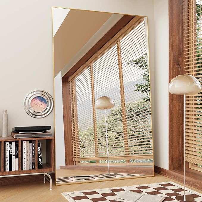 FANYUSHOW 76.3"x37" Full Length Mirror Floor Standing Aluminum Frame for Living Room, Tempered Glass Floor Mirror, Simple Home Decor, Wall Decor for Bedroom & Bathroom, Large Full Body Mirror, Gold
