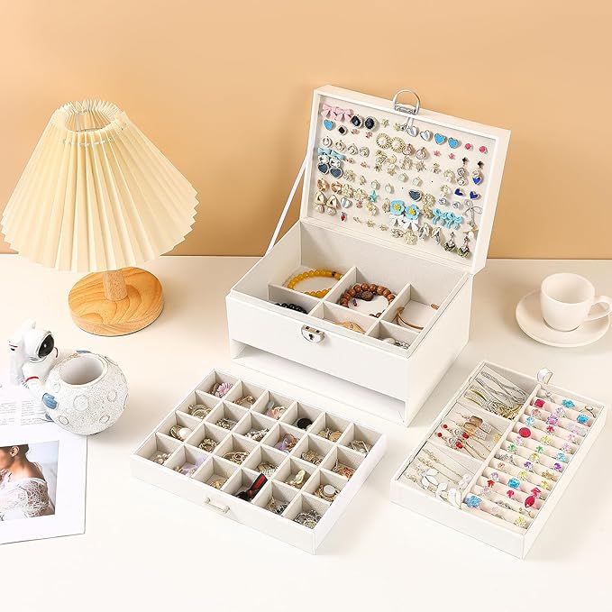 BOOVO Earring Jewelry Box For Women Girl Stud Organizer, 5 Layers Girl Jewelry Organizer Box With Lock Earring Holder Organizer Necklace Ring Jewelry Organizer Box For Girls (White, 5 layer)