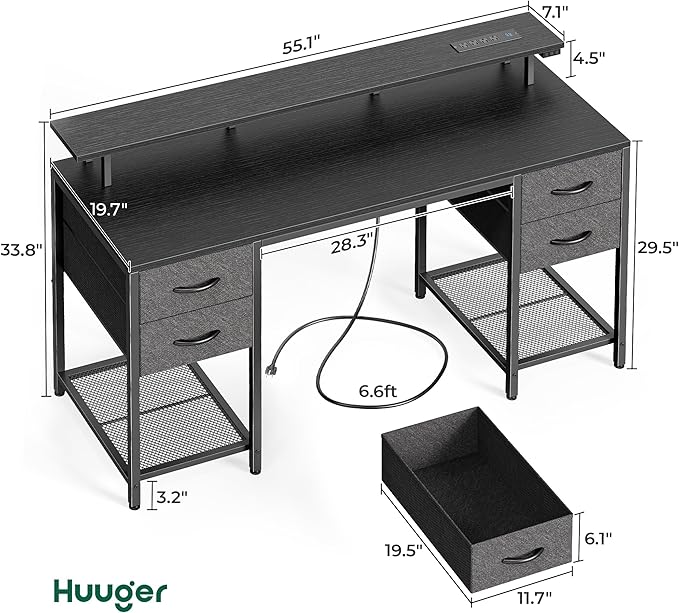 Huuger 55 inch Computer Desk with 4 Drawers, Gaming Desk with LED Lights & Power Outlets, Home Office Desk with Large Storage Space for Bedroom, Work from Home, Black