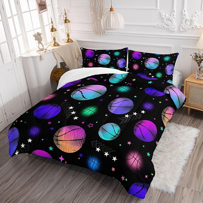 Kids Comforter Set Glowing Basketball Printed Pattern Bedding Set with 1 Comforter and 2 Pillowcases for Girls Boys Bedroom All Season(Basketball1 Full)